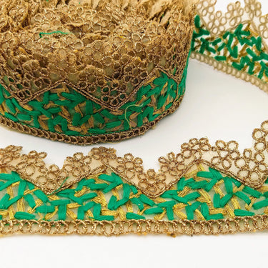 Gold Sheer Tissue Fabric Cutwork Trim with Embroidery in Gold and Green, Scallop Trim, Fringe Trim